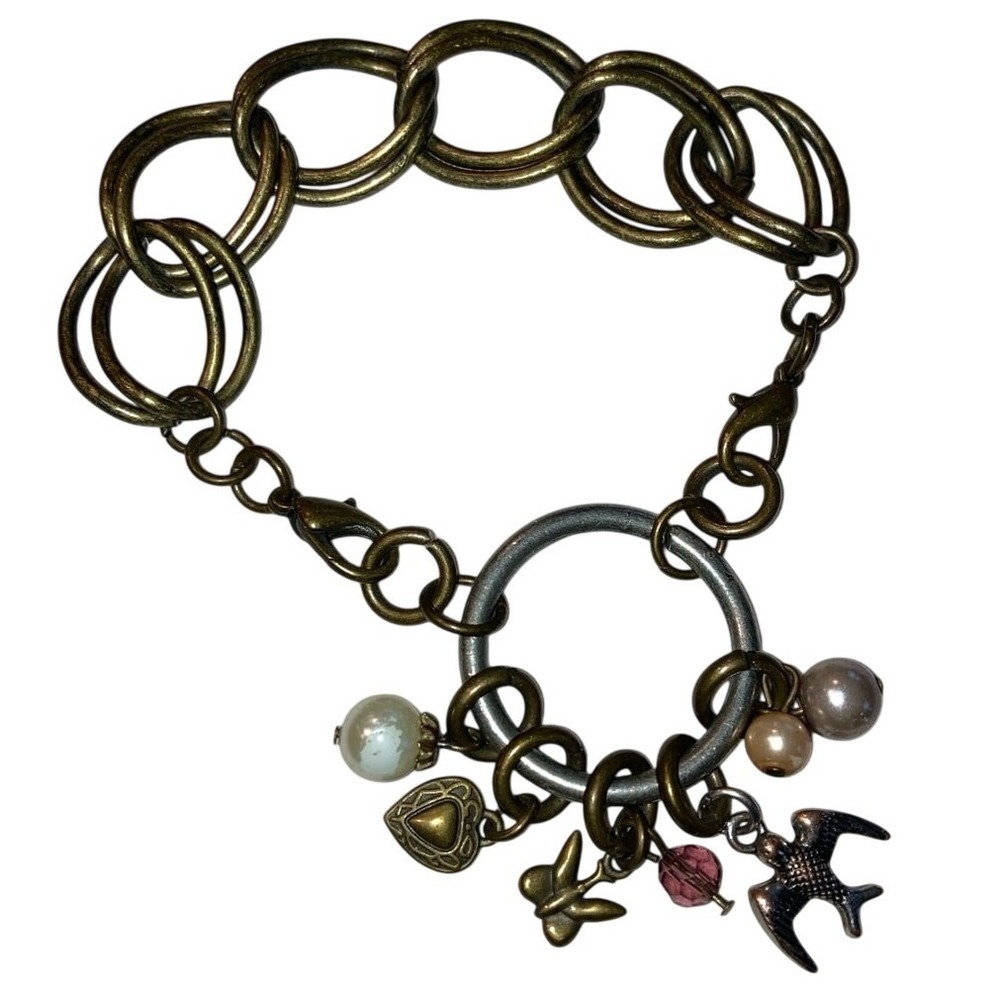 Chunky‎ Link Charm Bracelet Bird Heart Pearl Beads Antique Gold Tone